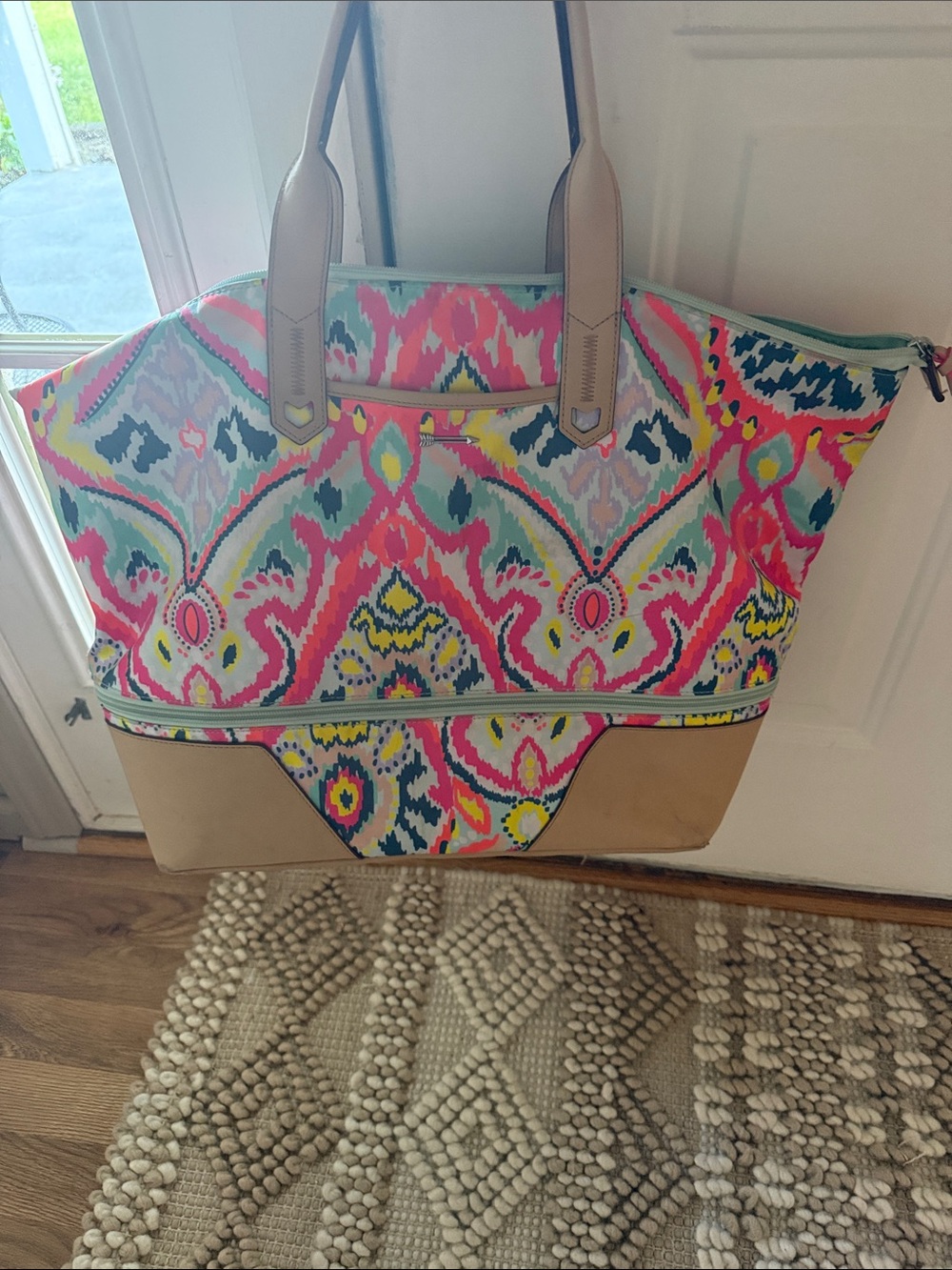 Stella & Dot Multicolor Ikat Tote with Tan Trim